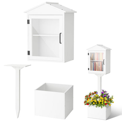 Wonderjune Little Library Box Outdoor with Floor Plugs & Flower Fence, Durable Weatherproof Solid Wood Book Exchange Box for Community, Literature, School Sharing Book(White,Steepletop)