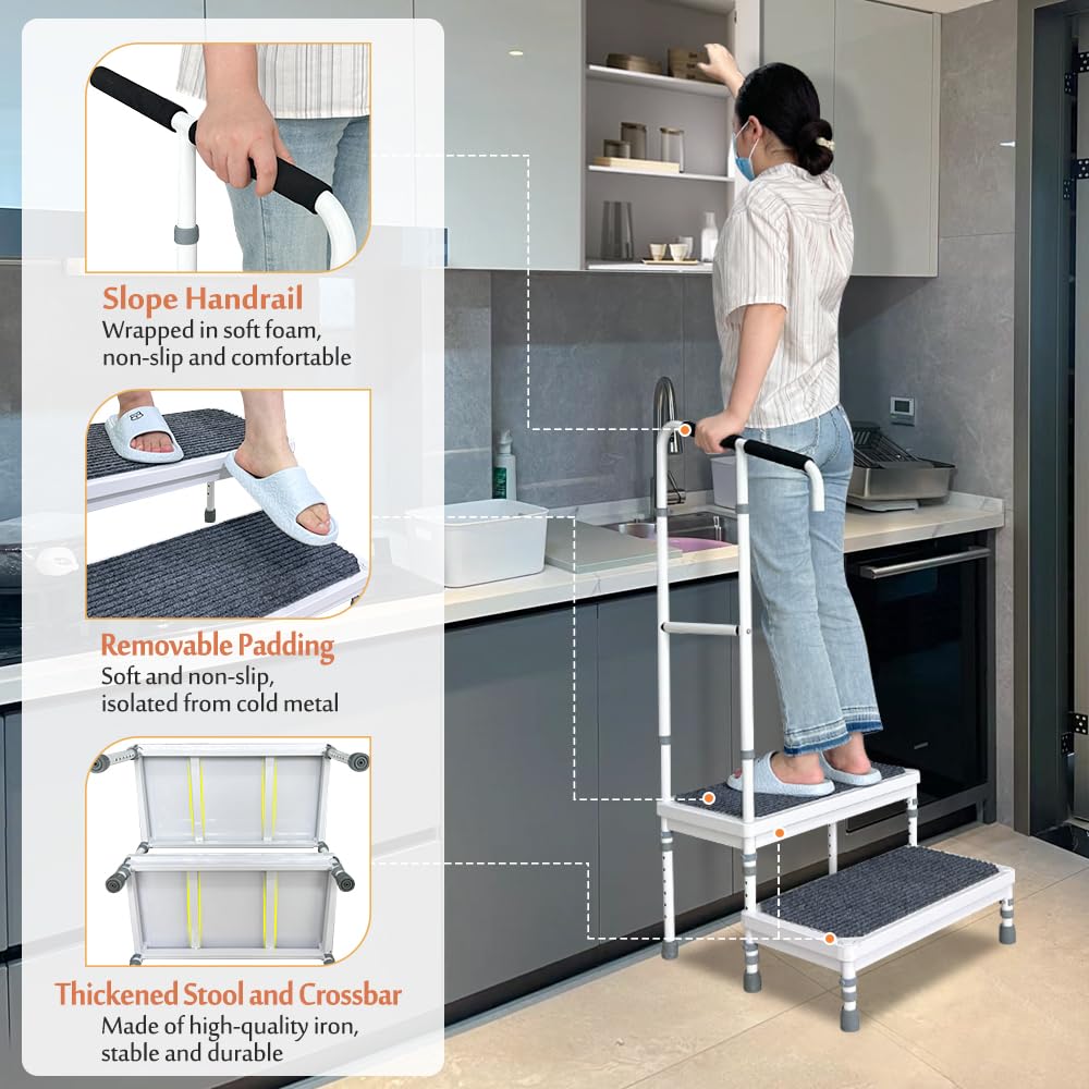 Mybow Stepping Stool for Adults, Two Step Stool with Handle, Mobile Home Stairs, SUV Car RV Steps with Handrail, Medical Step Ladder for Handicap, Heavy Duty Step Up Platform, Adjustable Foot Stool