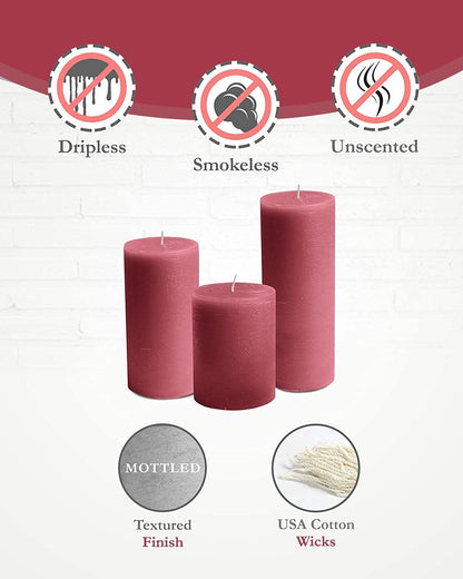 BASK Mottled Pillar Candles - Unscented Burgundy Candles Set of 3 - Dripless, Smokeless for All Occasions