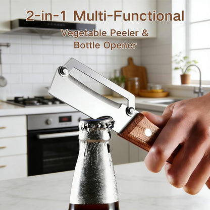 Skiennix Multi-Functional Vegetable Peeler - 2-in-1 Stainless Steel with Wooden Handle & Bottle Opener | 2 Pack