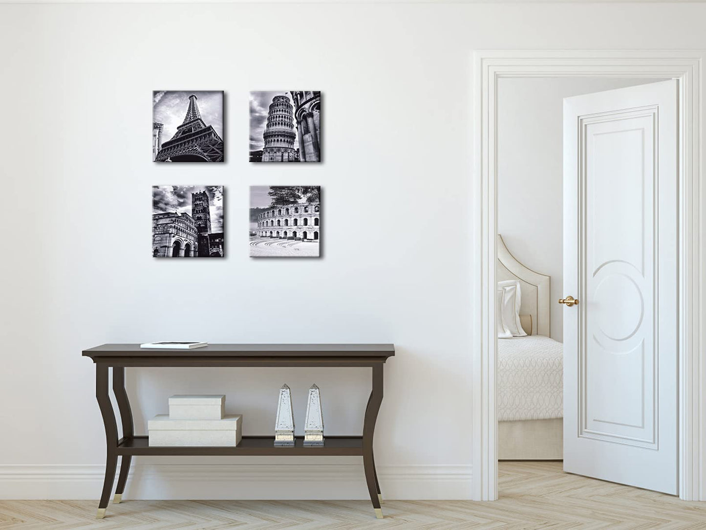 Wieco Art Architectures Modern 4 Panels Giclee Canvas Prints Europe Buildings Black and White Landscape Pictures Paintings on Canvas Wall Art Ready to Hang for Bedroom Home Office Decorations