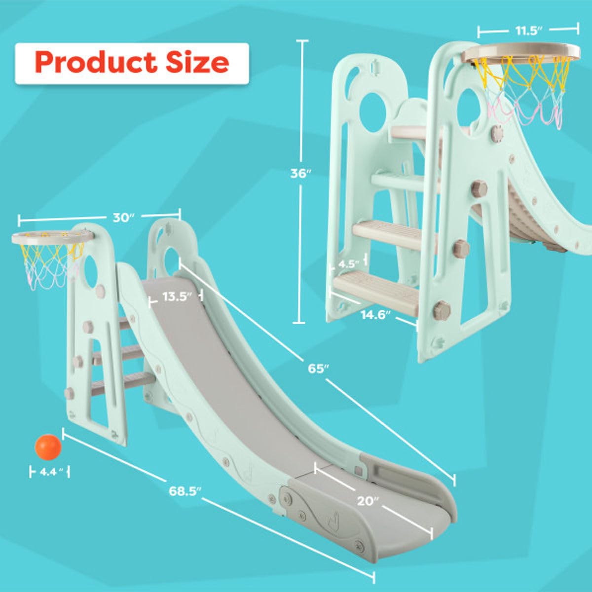 Toddler Slide with Basketball Hoop and Ball - Indoor and Outdoor Play Equipment for Kids Age 3 and Up - Foldable Plastic Climber Slide Playset Toys by Hey Play (Blue)