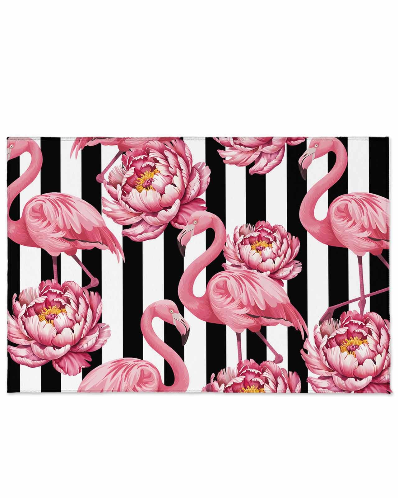 Outdoor Rug 4x6 ft Pink Floral Flamingos Outdoor Large Area Rug Non Slip Rubber Black Stripes Front Door Mat RV Rug Camping Carpet Patio Outdoor Rugs for Backyard Balcony Deck Porch Indoor Outside