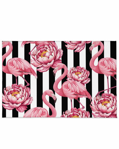 Outdoor Rug 4x6 ft Pink Floral Flamingos Outdoor Large Area Rug Non Slip Rubber Black Stripes Front Door Mat RV Rug Camping Carpet Patio Outdoor Rugs for Backyard Balcony Deck Porch Indoor Outside