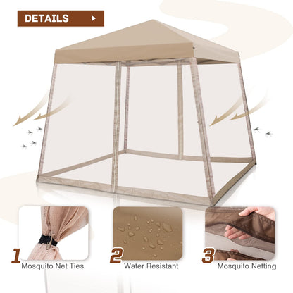 INTER HUT 10x10 Pop Up Canopy Tent, Slant Leg Instant Screened Gazebo with Mesh Walls, UV Protection, Water Resistant, Beige