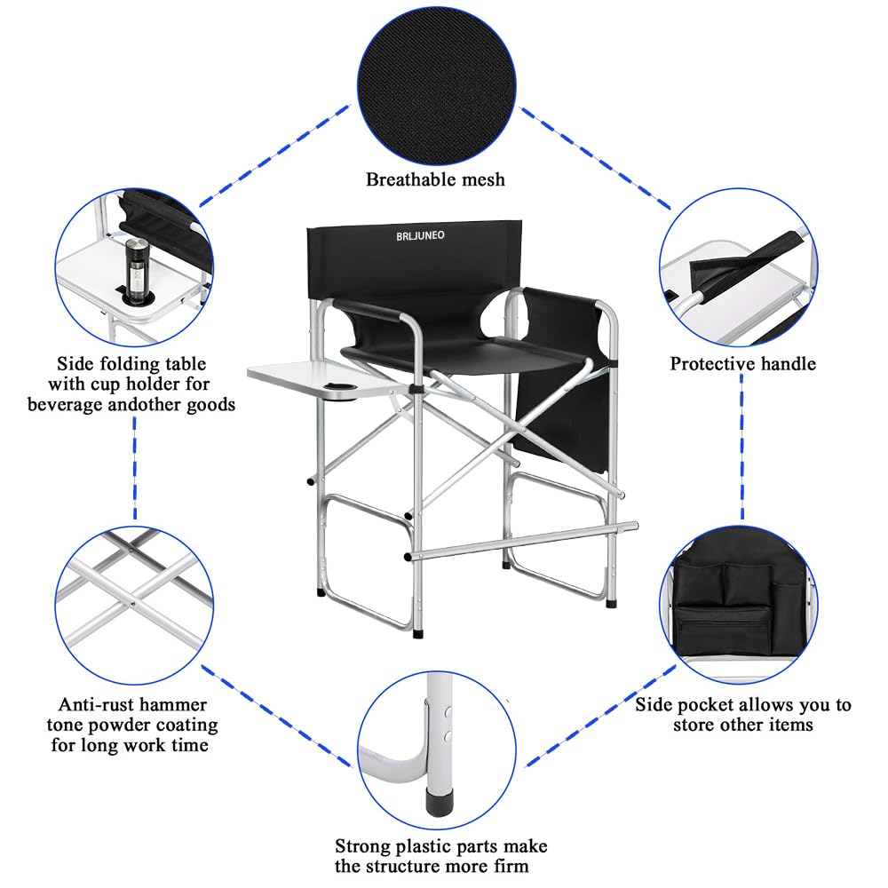 BRLJUNEO Makeup Artist Chair, 41'' Foldable Tall Directors Chairs w/Side Table Cup Holder Storage Bag and Footrest, Portable Makeup Chair, 400LBS Load Capacity, Black