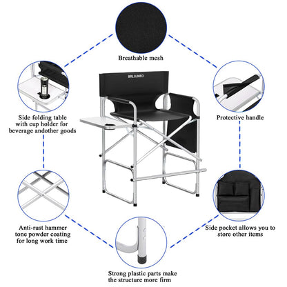 BRLJUNEO Makeup Artist Chair, 41'' Foldable Tall Directors Chairs w/Side Table Cup Holder Storage Bag and Footrest, Portable Makeup Chair, 400LBS Load Capacity, Black