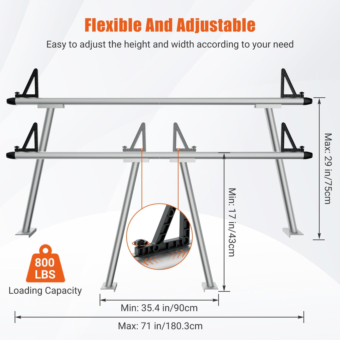 71" Aluminum Truck Ladder Rack, 800 Lbs Capacity Truck Rack, Heavy Duty Universal Pickup Truck Bed Rack with 8 No-Drill c-Clamps for Kayak, Surfboard, Lumber, Ladder & More