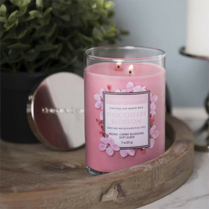 Colonial Candle Pink Cherry Blossom Scented Jar Candle, Classic Cylinders Collection, 2 Wick, Red, 11 oz - Up to 80 Hours Burn