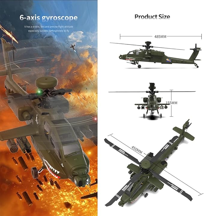 YUXIANG F11 AH64 RC Helicopter for Adults for AH64 Apache 1/32 Scale 2.4G 6CH 6G/3D Stunt Remote Control Military Aircraft Toys with 6-Axis Gyro &amp 2 Brushless Motor &amp Lights - RTF