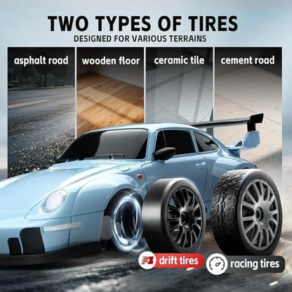 RC Drift Car 1:24 Scale Remote Control Vehicle with LED Lights 2.4GHz 20KM/H 4WD High Speed RC Cars Drifting Tires＆Two Batteries. (Blue)