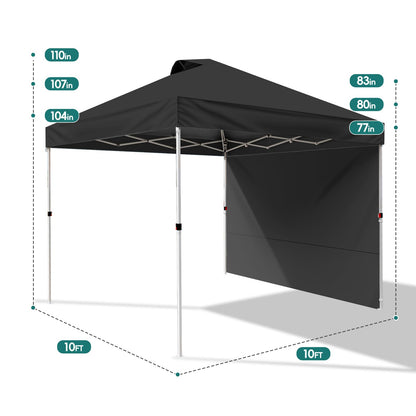 UEAKPIC 10x10 Pop Up Canopy with Sidewall, Instant Portable Outdoor Tent, UPF 50+, Waterproof, Adjustable Black Sun Shelter with Vented Roof for Party, 1 Wheel Bag, 8 Stakes, 4 Ropes, 4 Sandbags