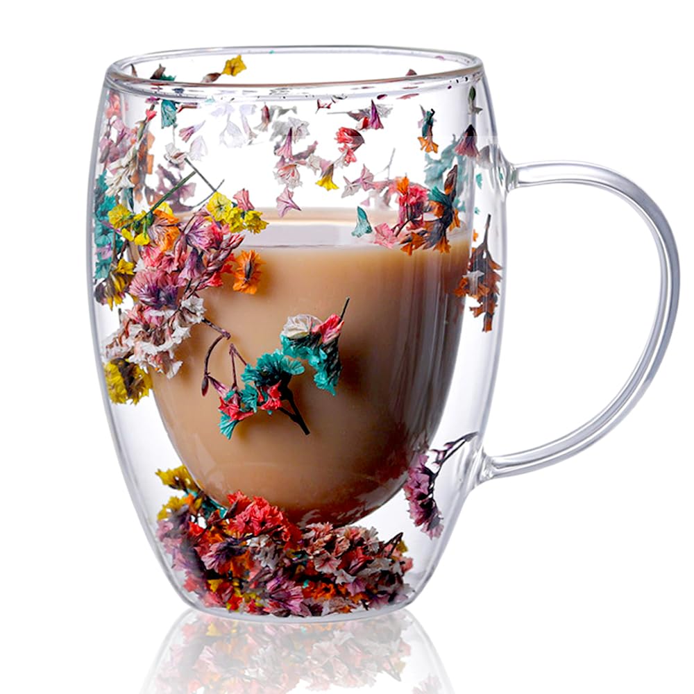Myhiju Flower Double Wall Clear Glass Coffee Mugs Creative Clear Glass Cups with Handle Flowers Double Insulated Glass Cup for Hot Cold Beverages Cappuccino Latte, Espresso Juice Glass Coffee Cups