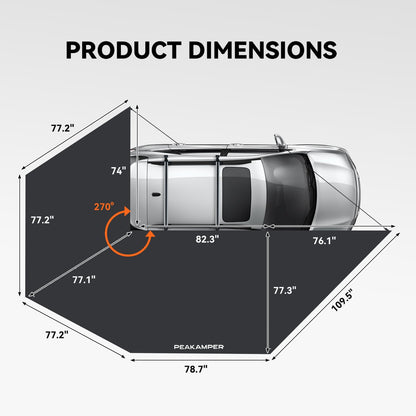 Peakamper 270 Awning Free Standing w/LED Light, 108 sq ft Shelter Car Side 270 Degree Awning, UV50+ Waterproof Wind Resistant for SUV Van Truck Vehicle, Passenger Side
