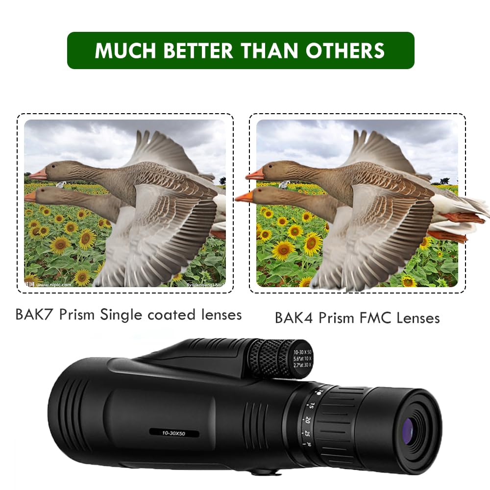 MOCANIO 10-30x50 Zoom Monoculars for Adults High Powered Monocular Portable Telescope Adapter and Sturdy Tripod - Waterproof Monoculars -BAK4 Prism FMC for Bird Watching Hunting Hiking