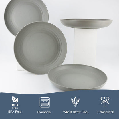 Homienly Deep Dinnerware Set of 12 - Alternative to Plastic, Microwave & Dishwasher Safe Wheat Straw Plates for Kitchen - Unbreakable Kids Plates (Grey, 10 inch)