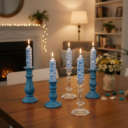 5 Inch Blue Flowers Chunky Taper Candles Short Handmade Blue and White Candle Sticks Smokeless Unscented Tapered Candles for Blue Wedding Present Spa Meditation Housewarming Home Decoration