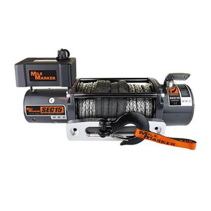 Mile Marker 76-53260W Winch SEC 15 | 3/8” x 72’ Synthetic Rope | 15,000 lb Pulling Capacity | Compact, Lightweight and Waterproof | 6.8 HP Series Wound Motor