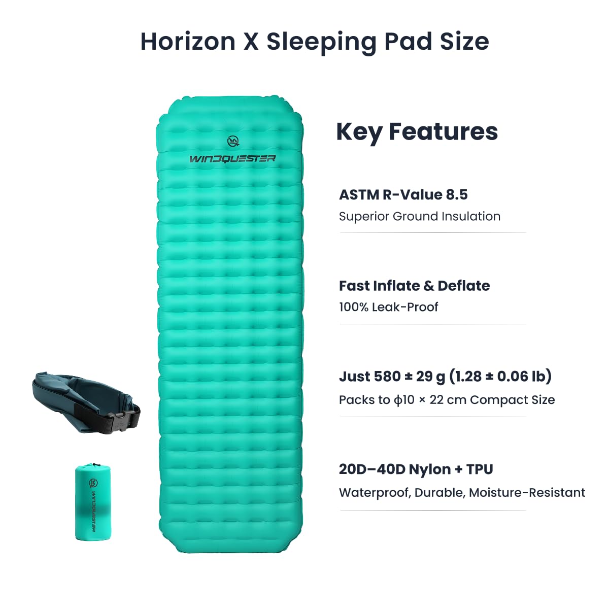 WINDQUESTER Horizon X Inflatable Sleeping Pad – Ultralight 4-Season Camping Mattress, ASTM R-Value 8.5, Waterproof Durable Nylon, Compact Backpacking Sleeping Mat for Hiking & Camping