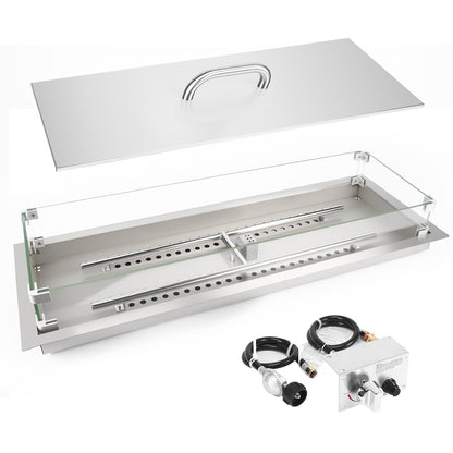 GRISUN Upgraded 36" x 12" Drop-in Fire Pit Burner Kit, Gas Fire Pit Kit with Glass Wind Guard & Lid, Linear Fire Pit Pan Insert with Spark Ignition for Fire Pit Tables