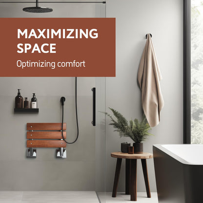 Folding Shower Seat - Teak Shower Seat Wall Mounted - 16 Inch Floating Fold Down in Shower Bench - Fold Up Bathroom Stool - Foldable Teak Wood Chair with Stainless Steel Wall Mount - 330lb Capacity