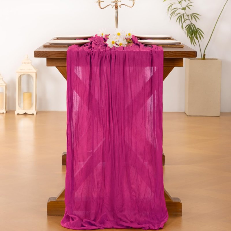 Socomi 3pcs Hot Pink Spring Cheesecloth Table Runner Fuchsia Boho Rustic Gauze 120 inch 10FT Cheese Cloth Runner for Wedding Party Baby Shower Birthday Home Decor