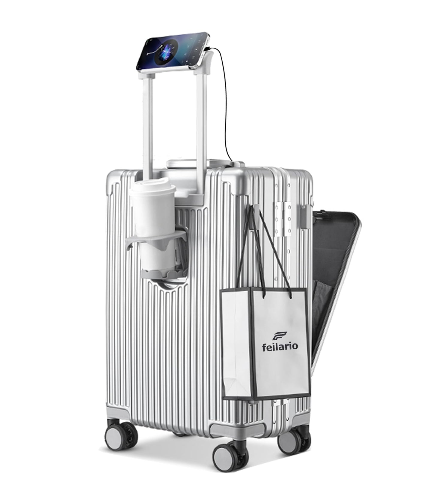 feilario Aluminium Frame PC Hard Shell Spinner Wheels Luggage,20.8"X15"X8.7 Airline Approved Built-In TSA lock Carry on Suitcase, with Cup Holder, USB Port, Phone Holder