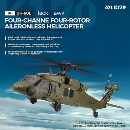 K170 UH60L Remote Controlled Helicopter for Adults RC Aircraft Plane 2.4Ghz 4CH RC Helicopter Heli Aileronless 6-Axis Gyroscope Altitude Hovering (2 Batteries)