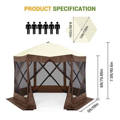 Hipicute Pop Up Gazebo,10 X 10 Ft Portable Outdoor Camping Pop Up Canopy Screen Tent with Mosquito Netting Gazebo,Waterproof 6 Sidewalls,Ground Stakes,Carry Bag for Lawn, Garden, Backyard(Brown)