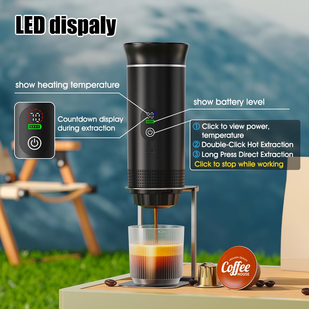 Portable Espresso Maker and Metal Stand Set, Self-Heating Travel Coffee Machine, Rechargeable Coffee Maker with Digital Display, 3-in-1 for Ground Coffee & Capsules, Camping RV Office