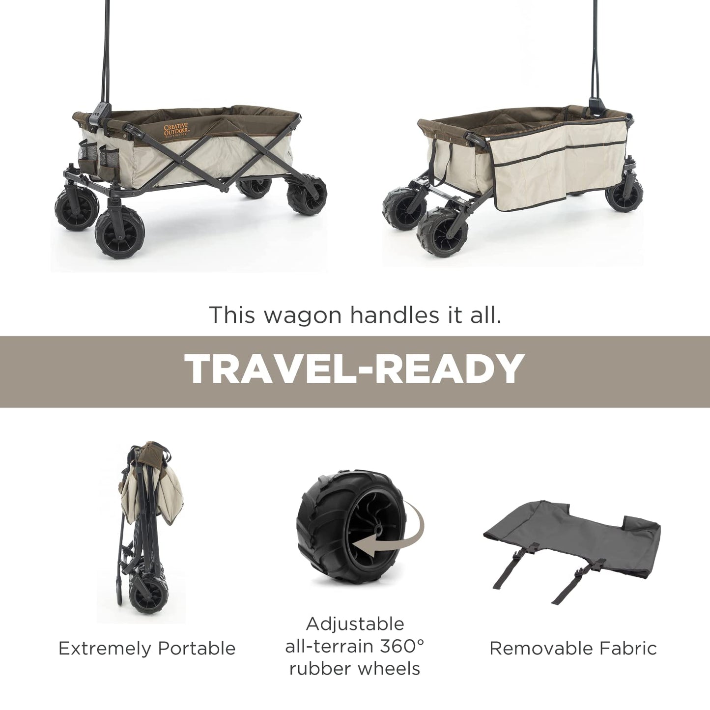 Creative Outdoor Push Pull Collapsible Stroller Folding Cart for Kids and Pets, Suppors upto 150lbs Weight Capacity | Durable Rubber Wheels | All Terrain | Zip-Off Side Pockets & Flap | (Brown/Orange)