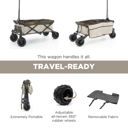 Creative Outdoor Push Pull Collapsible Stroller Folding Cart for Kids and Pets, Suppors upto 150lbs Weight Capacity | Durable Rubber Wheels | All Terrain | Zip-Off Side Pockets & Flap | (Brown/Orange)