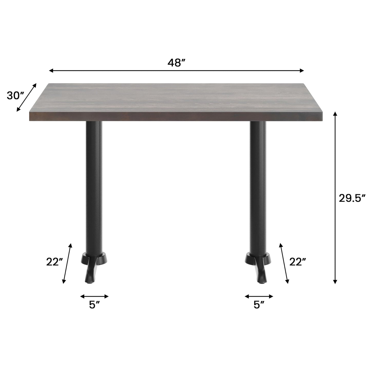 Flash Furniture Bennett 30" x 48" Solid Wood Commercial Indoor Tabletop in Dark Brown with Dual 5" x 22" Dining Height Black Cast Iron T Bases, 400 lb. Static Capacity