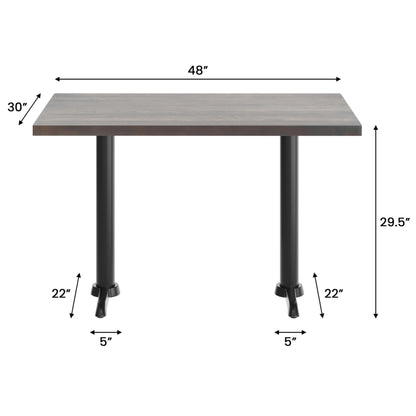 Flash Furniture Bennett 30" x 48" Solid Wood Commercial Indoor Tabletop in Dark Brown with Dual 5" x 22" Dining Height Black Cast Iron T Bases, 400 lb. Static Capacity