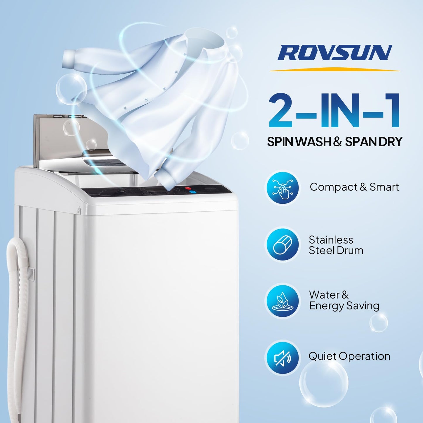 ROVSUN 25LBS Portable Washing Machine, Full-Automatic Electric Laundry Machine with Stainless Steel Drum, Compact Washer and Spin Dryer Combo with Drain Pump for Home, Apartment