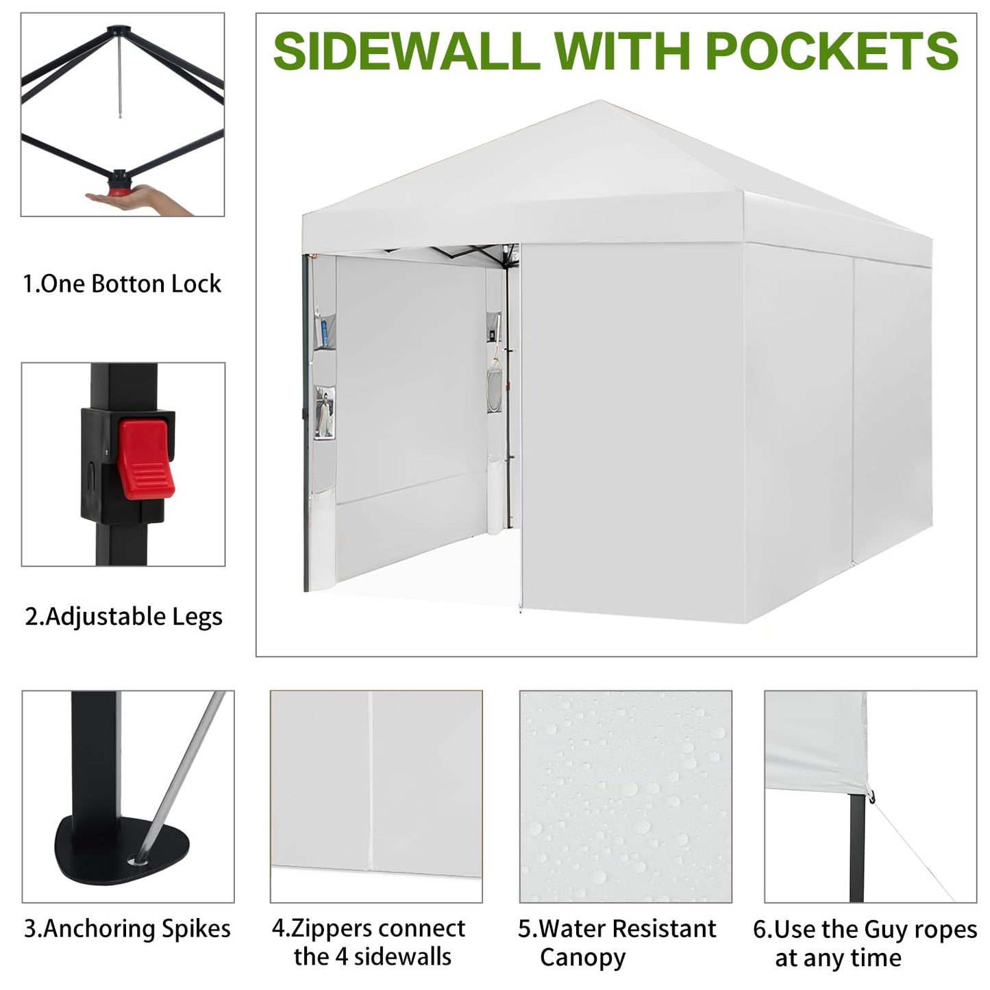 Tunbne 10X10 Comercial Pop Up Canopy Tent with 4 Sidewalls and 6 Pockets, One Push Setup Center Lock, for Beach Patio Outdoor, Case, 8 Stakes, 4 Ropes, 4 Sandbags (Snow White)