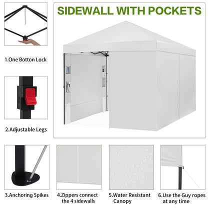 Tunbne 10X10 Comercial Pop Up Canopy Tent with 4 Sidewalls and 6 Pockets, One Push Setup Center Lock, for Beach Patio Outdoor, Case, 8 Stakes, 4 Ropes, 4 Sandbags (Snow White)