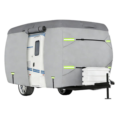 RV Cover, Travel Trailer, Lightweight Waterproof Camper Cover with Tire Covers, Tongne Jack Caps, Windproof Straps Winter Campsite,All-Weather Protection (13-16FT Fiberglass Travel Trailer Cover)