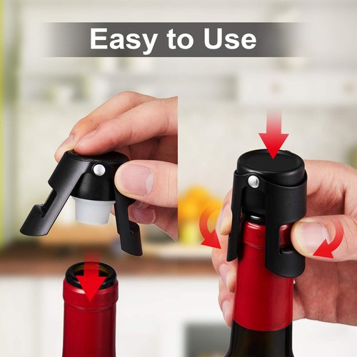 HYZ Champagne Stoppers 2Pack - Stainless Steel Sparkling Wine Bottle Stopper with Pure Silicone Air Tight Seal - Professional Wine Saver for Champagne，Prosecco and Cava (Black)