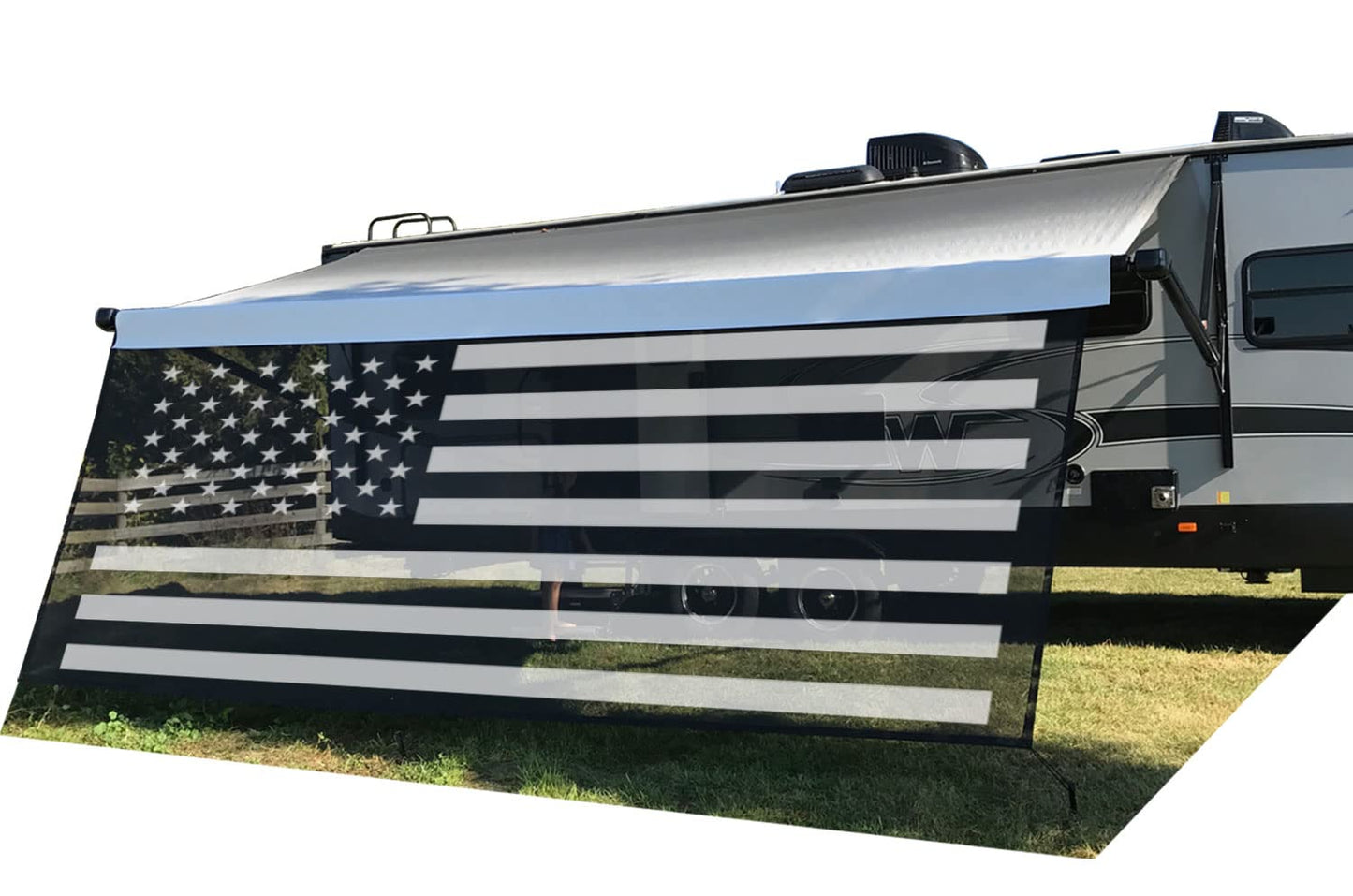 Tentproinc RV Awning Sun Shade Screen 8' X 16' 3'' (American Flag) Black Mesh Sunshade Camper Trailer Awning Shade Screen UV Blocker Completed Kits
