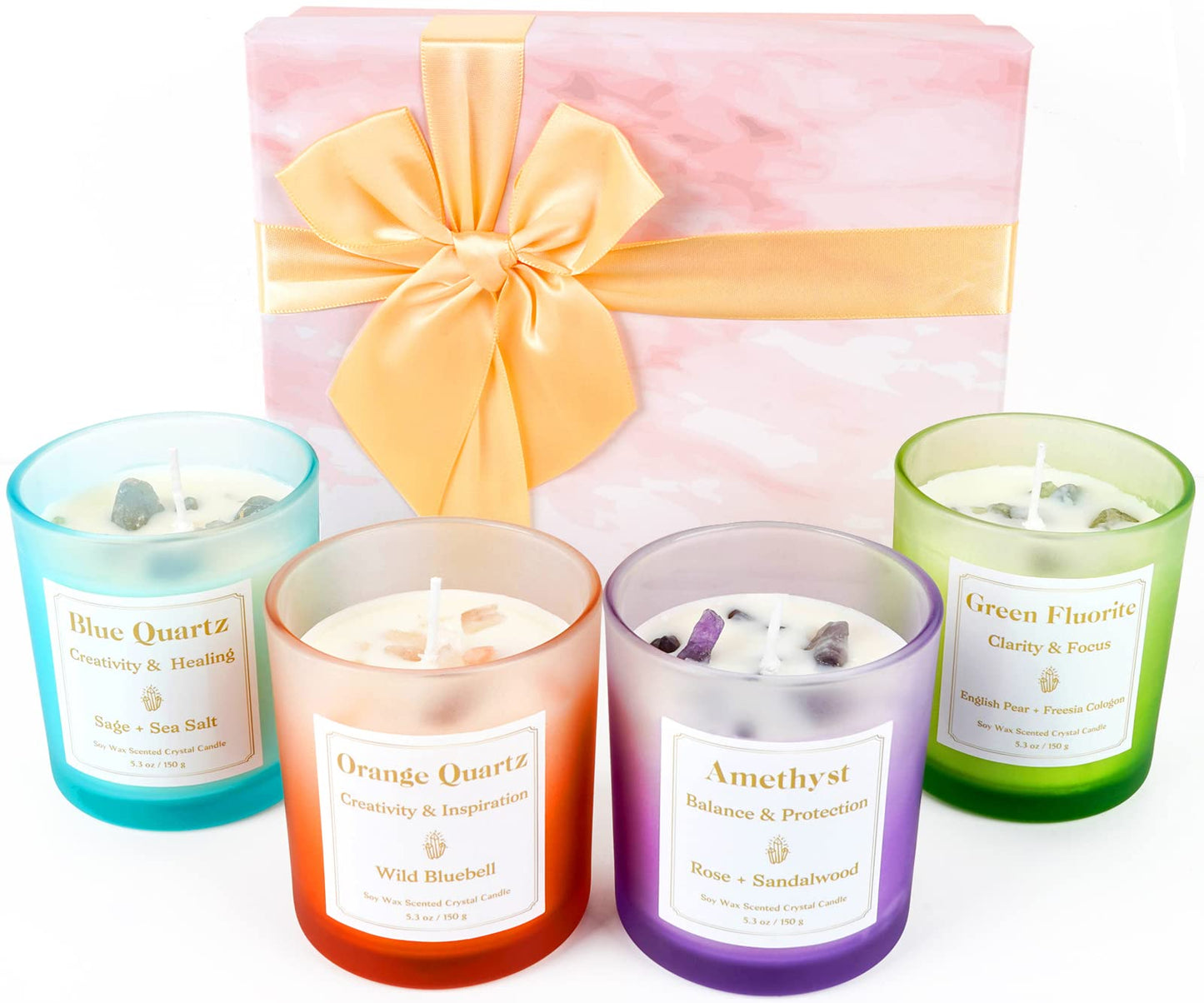 Scented Candles with Healing Crystals, Set of 4 Soy Candle with Crystals Healing Stones, Aromatherapy Candle Teacher's Day Gifts for Women, Rose Sage Amethyst Wax Bathroom Candles for Mother's Day