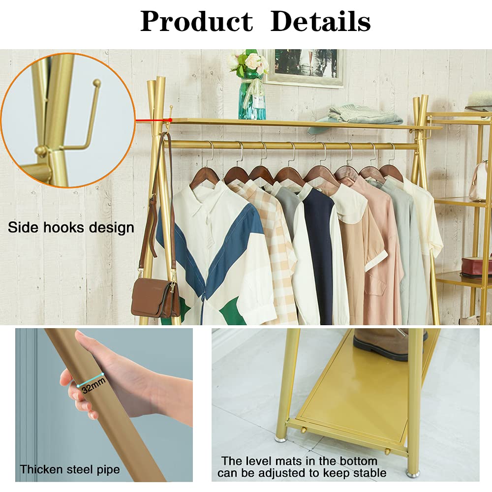 MAIKAILUN Clothes rack Gold, Freestanding Industrial Garment Rack with Double shelves Multi-functional Bedroom Hanging Clothing Rack,Heavy Duty Coat Rack Organizer for Bedroom Shoes 1 pack (39'' L)