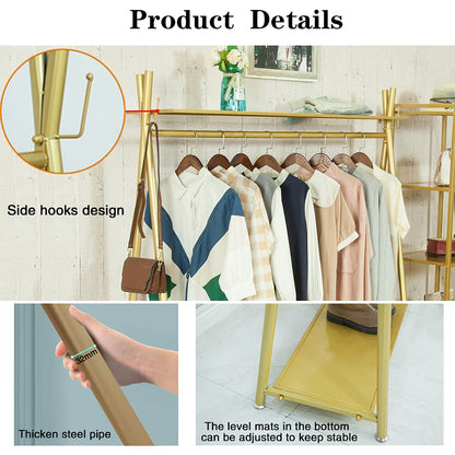 MAIKAILUN Clothes rack Gold, Freestanding Industrial Garment Rack with Double shelves Multi-functional Bedroom Hanging Clothing Rack,Heavy Duty Coat Rack Organizer for Bedroom Shoes 1 pack (39'' L)