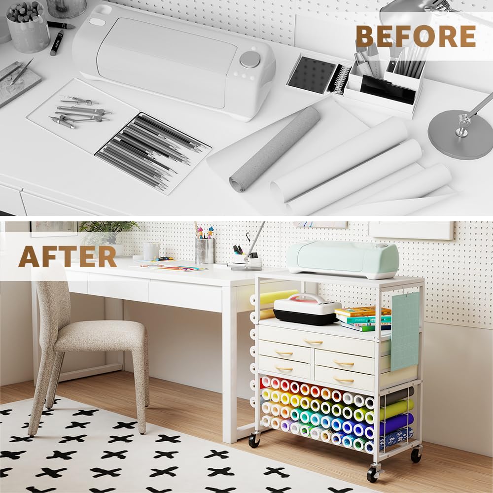 LUCKUP Organization and Storage Craft Table for Cricut Machines, Rolling Cart Cabinet with Extend Tabletop, 51 Vinyl Roll Holders, 5 Drawers & Heat Press Workstation