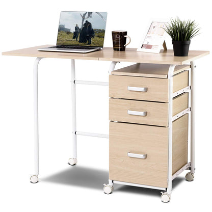 Tangkula Folding Computer Desk with 3 Drawers, Mobile Home Office Desk, Portable Laptop Desk Writing Table, Space Saving Compact Desk for Small Spaces, Dorm, Apartment