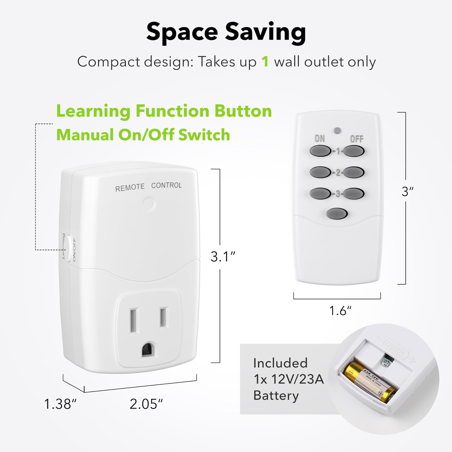 BN-LINK Mini Wireless Remote Control Outlet Switch Power Plug in for Household Appliances, Wireless Remote Light Switch, LED Light Bulbs, White (2 Remotes + 5 Outlets) 1250W/10A