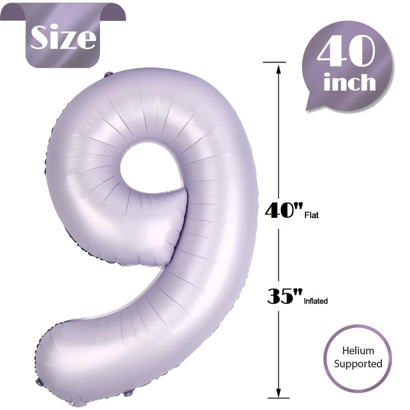 Lilac Number 9 Balloon 40 Inch, 9th Birthday Party Decorations for Children, Giant 9 Foil Balloon for Party Supplies