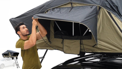 Meedo Apolle A86 M, Soft Shell Rooftop Tent, Fits 2 People, Made with Waterproof Material and a Rainfly-Fold Design, Clamshell Army Green Roof top Tent for Overlanding Hunting, Ladder Included