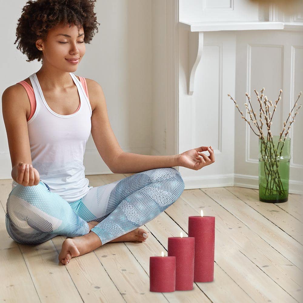 BASK Mottled Pillar Candles - Unscented Burgundy Candles Set of 3 - Dripless, Smokeless for All Occasions