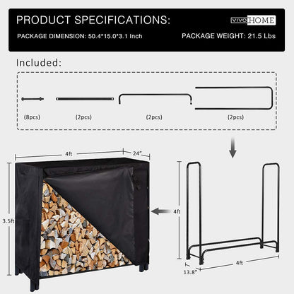 VIVOHOME 8ft & 4ft Heavy Duty Indoor Outdoor Firewood Storage Log Rack with Cover Combo Sets Black
